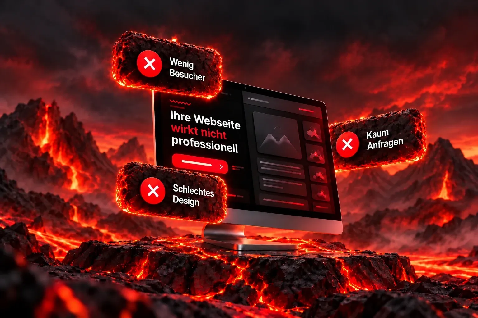 Veraltete Webseite auf einem Bildschirm in einer Vulkanlandschaft mit glühender Lava, ringsum Tafeln aus Lavagestein: wenig Besucher, schlechtes Design, kaum Anfragen