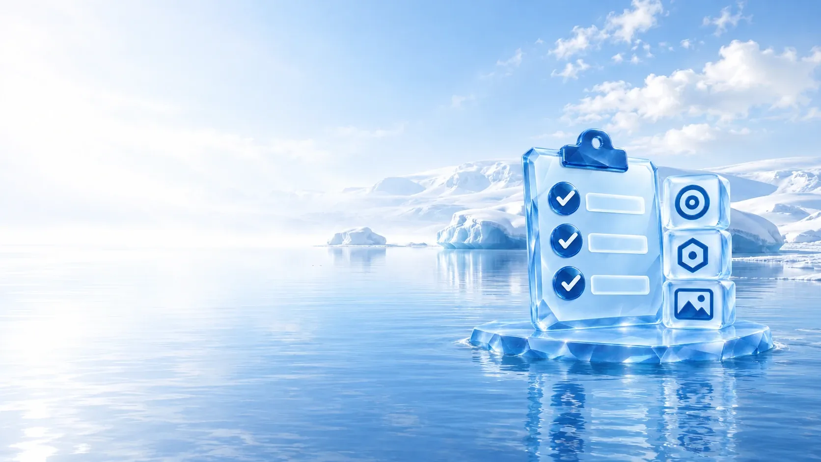 Klemmbrett aus Eis mit drei abgehakten Punkten, daneben drei Eiswürfel mit Ziel, Zeichen für das Logo und Foto, auf einer Eisscholle