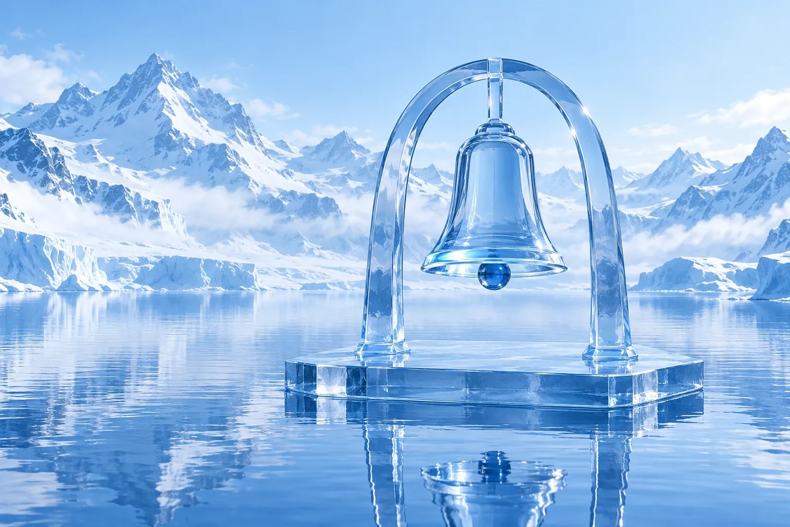 Glocke aus klarem Kristalleis an einem schlichten Eisbogen über einer Eisplatte im Bergsee