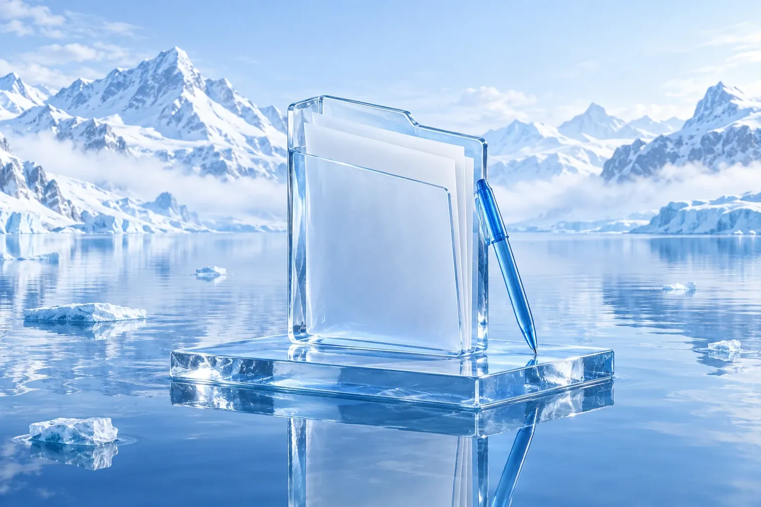 Aufgestellter Ordner aus Kristalleis mit glatten Blättern aus Eis und ein Stift aus tiefblauem Eis auf einer Eisplatte im Bergsee