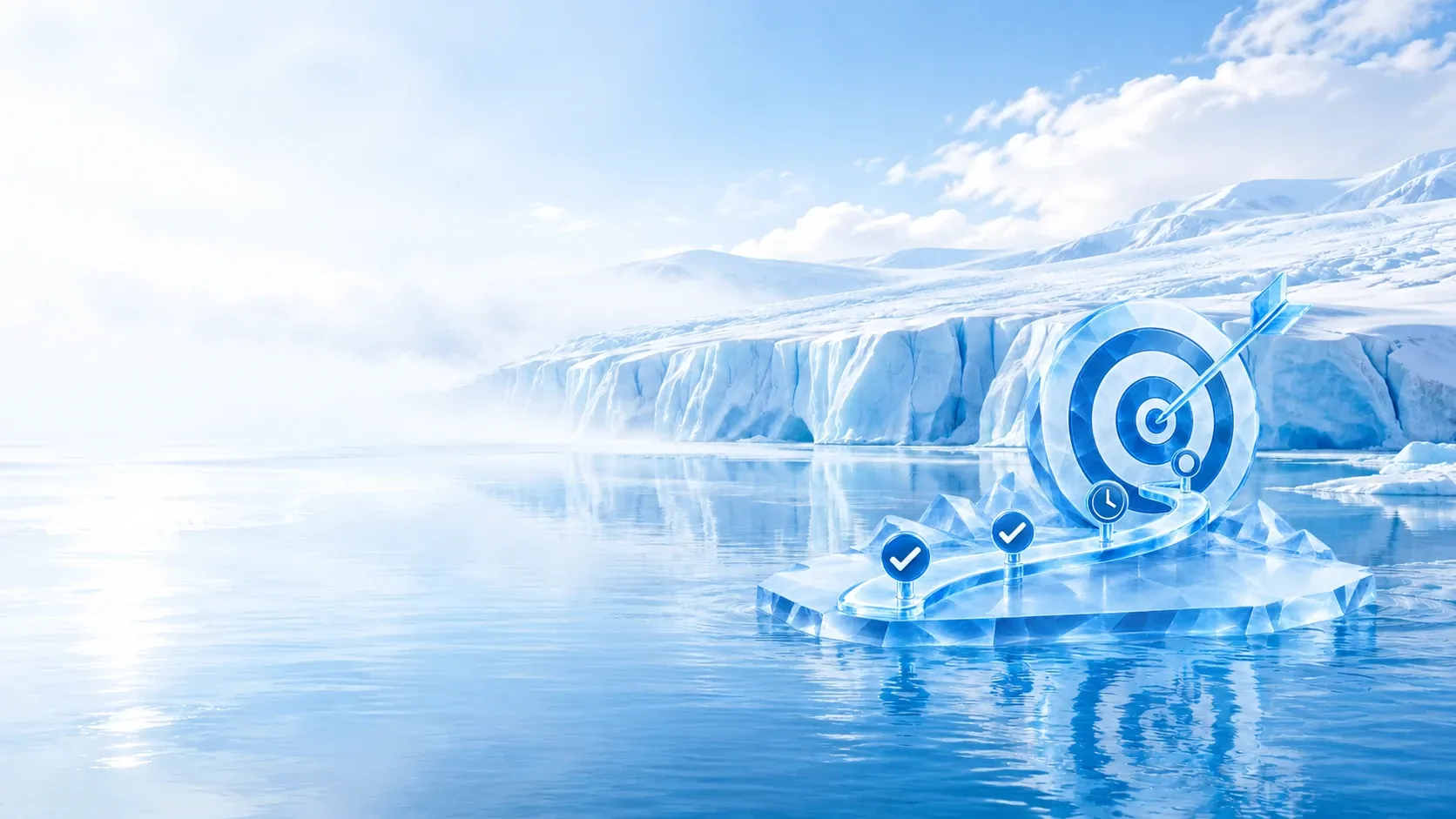 Große Zielscheibe aus Eis mit Pfeil in der Mitte auf einer Eisscholle im Gletschersee, davor eine Zeitlinie aus Eis mit zwei Haken, einer Uhr und einem Ring bis zum Ziel