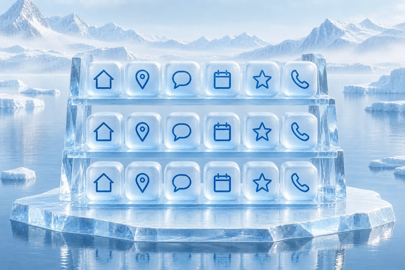Regal aus Eis mit drei Reihen gleicher Eiswürfel, jeder mit einem Zeichen: Haus, Kartennadel, Sprechblase, Kalender, Stern und Telefon