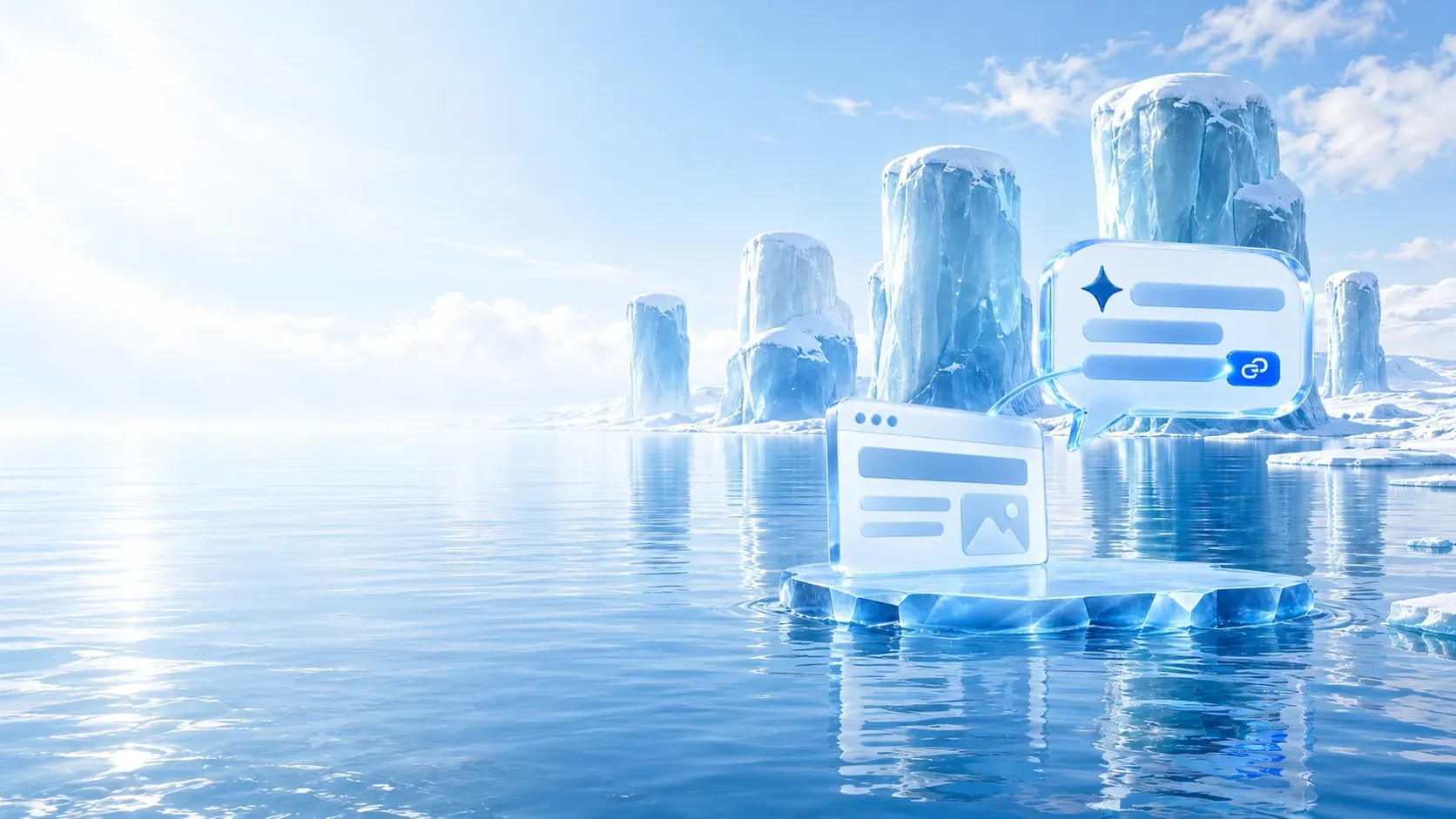 Webseite aus Eis auf einer Eisscholle, ein Lichtfaden führt zu einer Sprechblase aus Eis, in der die Antwort einer KI die Webseite als Quelle nennt