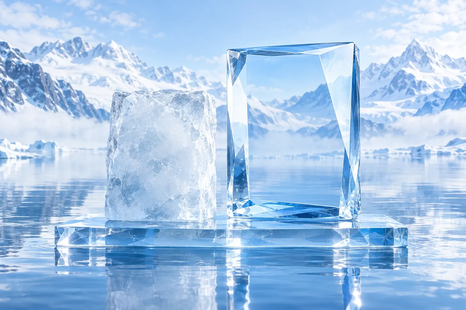 Ein trüber, milchiger Eisblock neben einem klaren, geschliffenen Eisblock auf einer Eisplatte im Bergsee