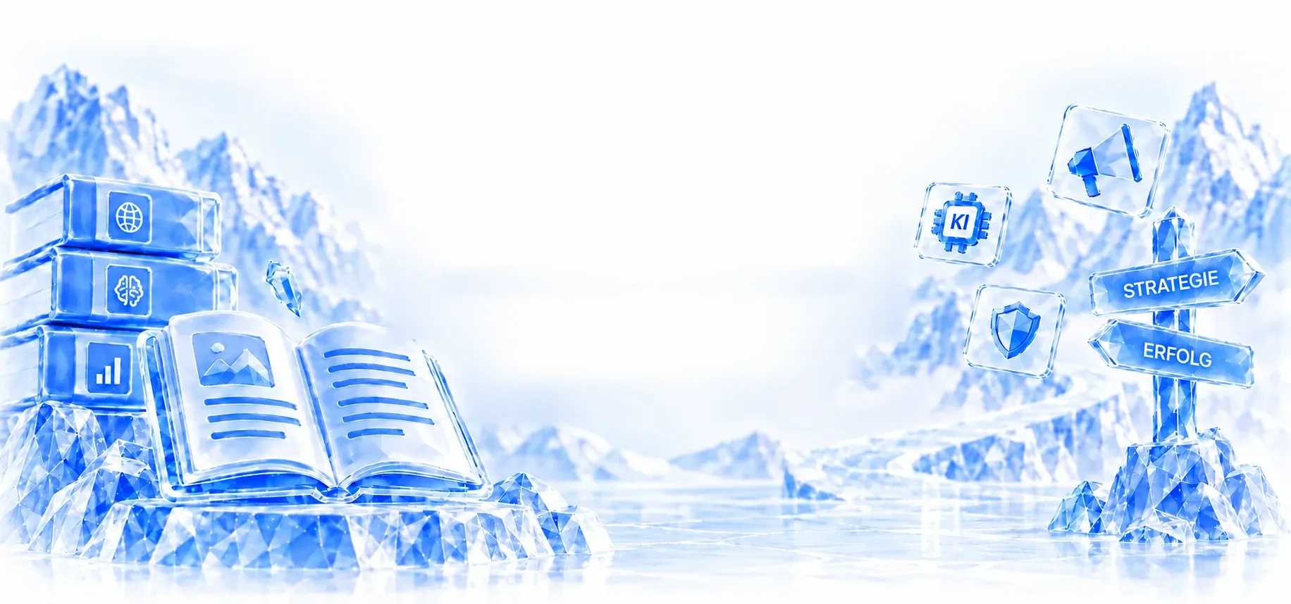 Eiswelt mit Bergen und gefrorenem See: links Bücher und ein offenes Buch aus Eis mit einem Kristall, rechts Kacheln mit KI-Chip, Megafon und Schild sowie ein Wegweiser aus Eis mit den Schildern Strategie und Erfolg