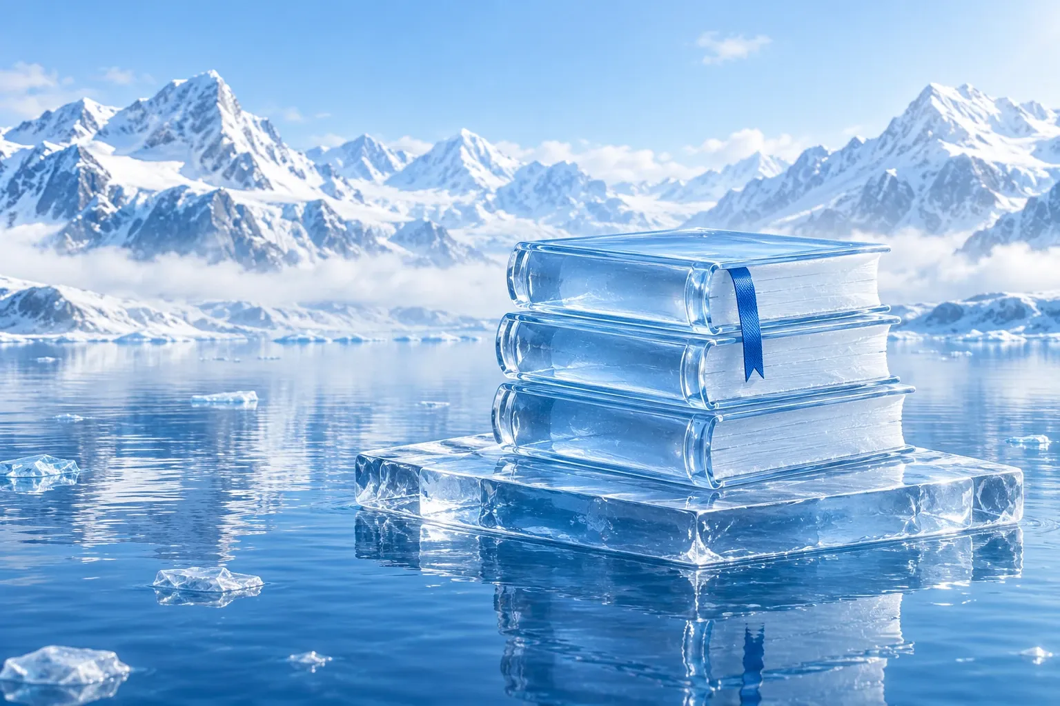 Drei Bücher aus klarem Kristalleis mit einem tiefblauen Lesezeichen auf einer Eisplatte im Bergsee