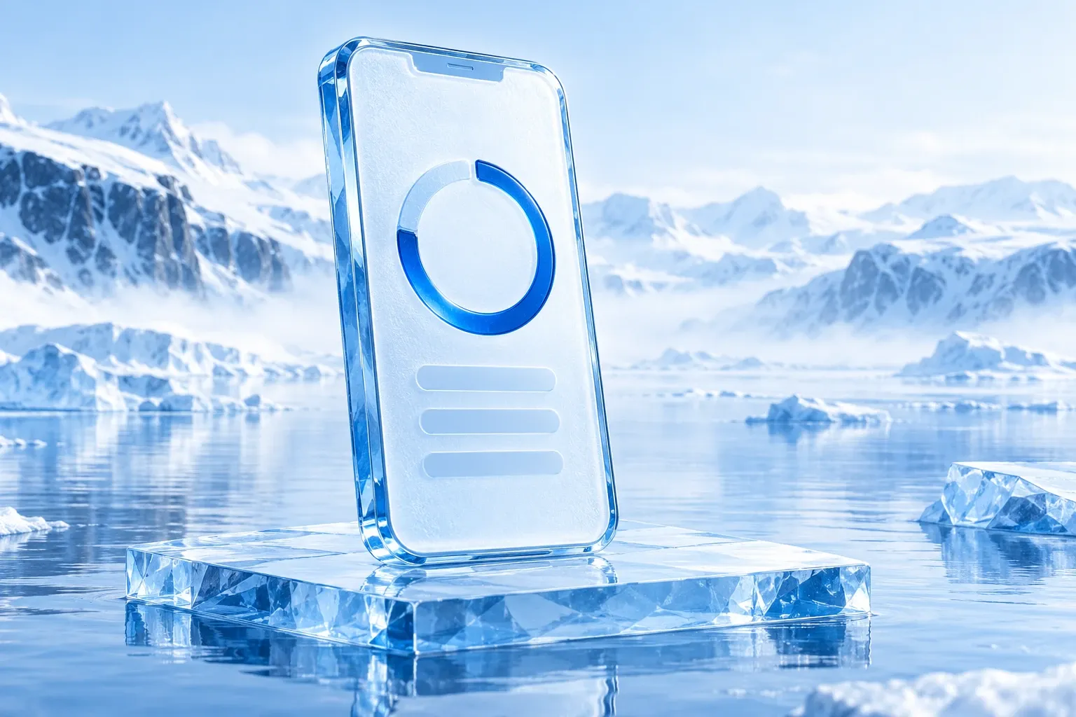 Smartphone aus Eis mit fast vollem Ladekreis auf einer Eisplatte im Bergsee
