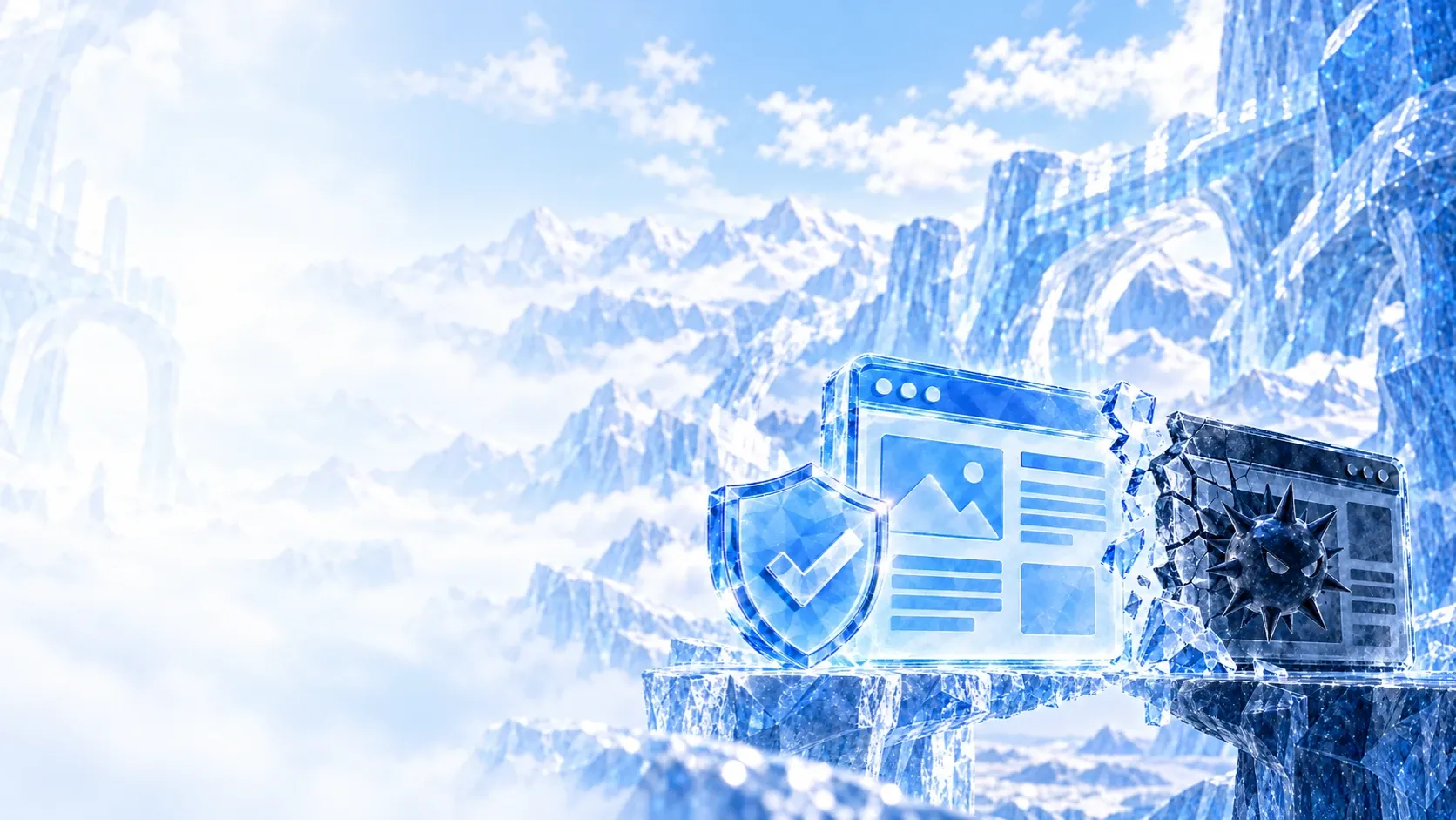 Eiswelt mit Eisbögen und Bergen: rechts ein Schutzschild aus Kristalleis mit Haken vor einem intakten Browserfenster aus Eis, daneben ein zerbrochenes, dunkles Browserfenster mit einem stacheligen Virus, beide auf Eisklippen