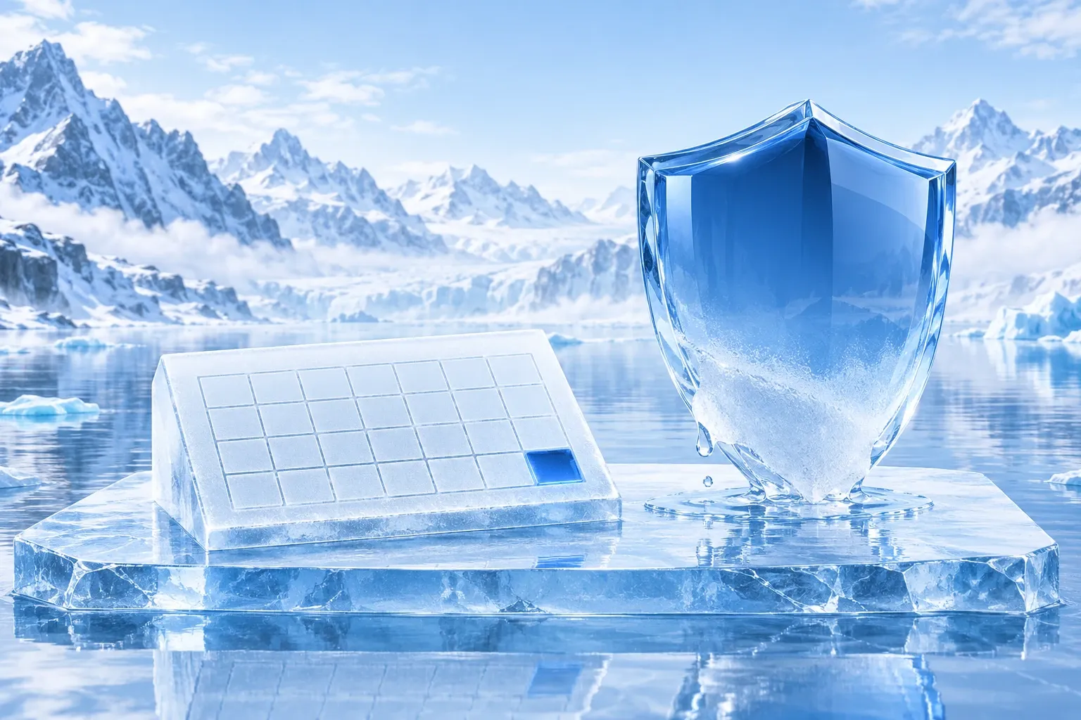 Flacher Eisblock mit leerem Kalenderraster, dessen letztes Feld tiefblau leuchtet, daneben ein Schutzschild aus Eis, das unten schmilzt, auf einer Eisplatte im Bergsee