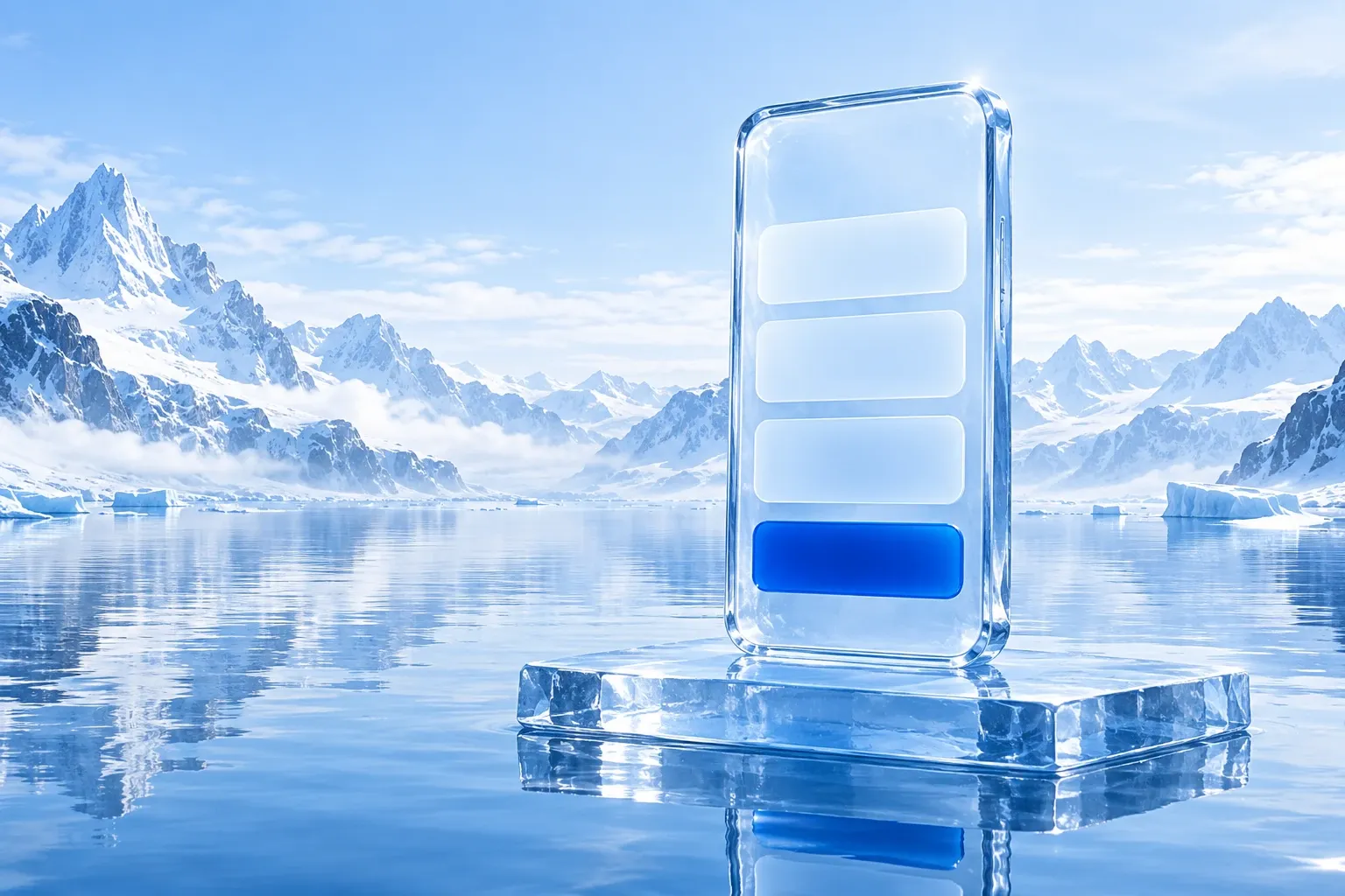 Smartphone aus klarem Kristalleis mit großen, abgerundeten Textbalken und einem tiefblauen Knopf auf einer Eisplatte im Bergsee