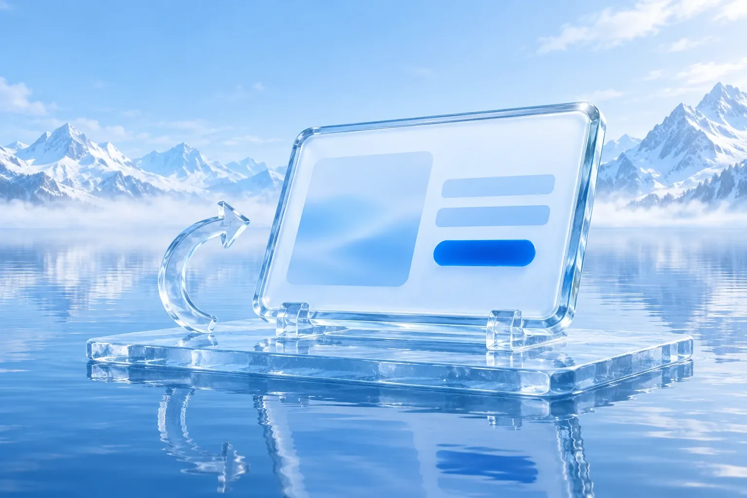 Tablet aus Kristalleis im Querformat auf einem Ständer aus Eis, daneben ein gebogener Pfeil aus Eis, auf einer Eisplatte im Bergsee