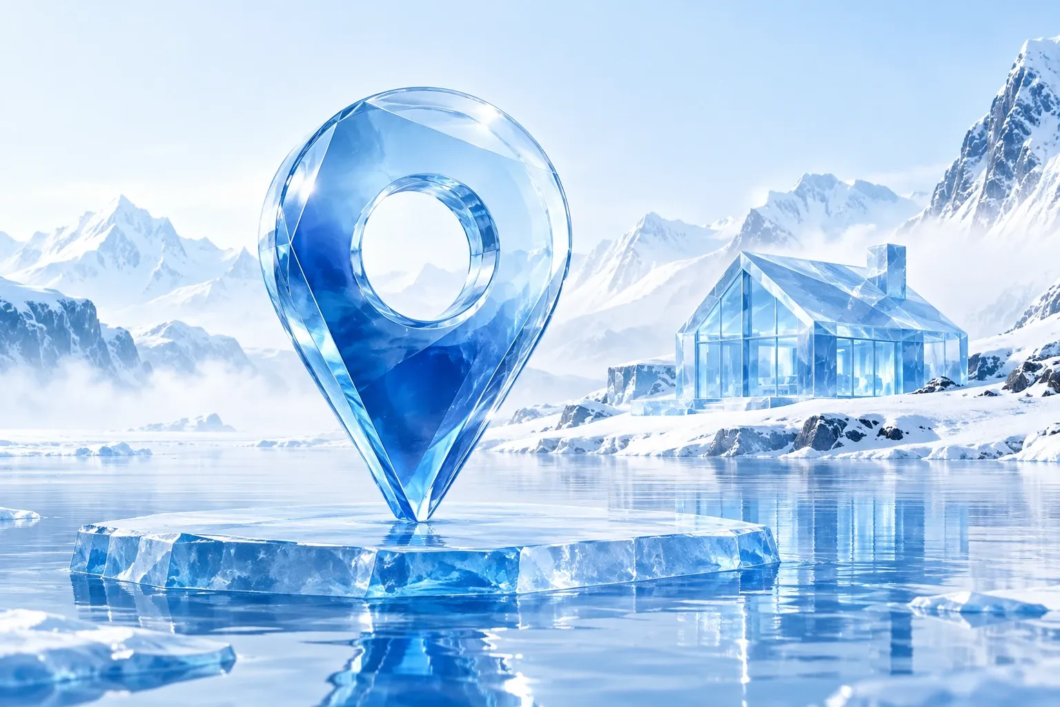 Große Kartennadel aus Eis auf einer Eisscholle, dahinter ein Haus aus Eis am Ufer