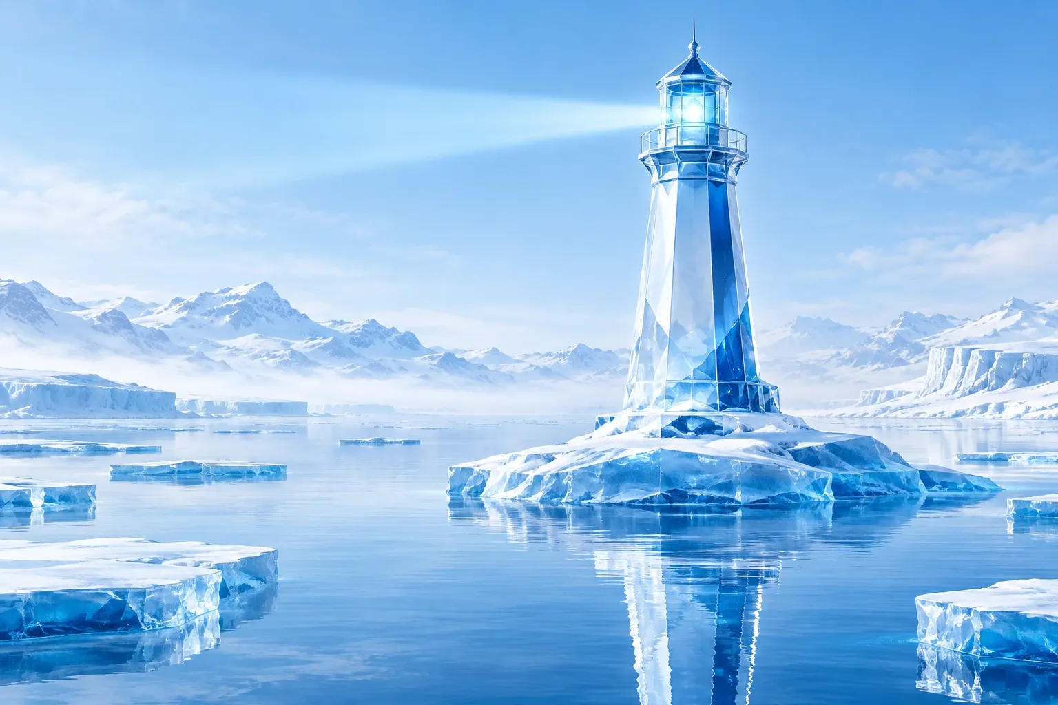 Schlanker Leuchtturm aus Eis auf einer Eisinsel, sein Licht fällt über eine ruhige Polarbucht
