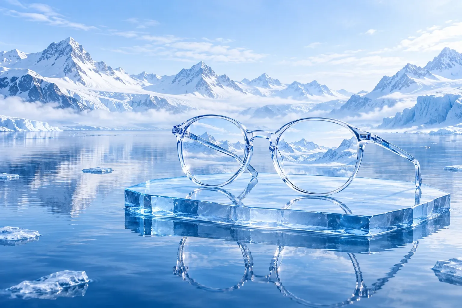 Lesebrille aus klarem Kristalleis auf einer Eisplatte im Bergsee, durch die Gläser die verschneiten Berge