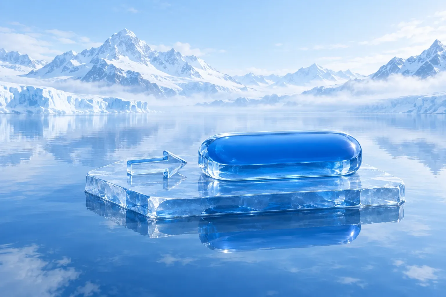 Großer, abgerundeter Knopf aus Eis mit tiefblau leuchtender Oberfläche und ein Pfeil aus Eis auf einer Eisplatte im Bergsee