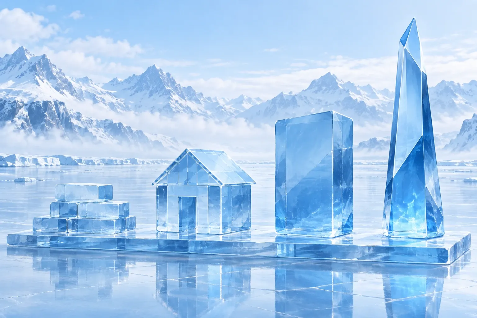 Vier Bauten aus Eis auf einer Eisscholle, von links nach rechts aufwendiger: Eisziegel, ein Haus aus Fertigteilen, ein glatter Eisblock und ein hoher Kristallturm