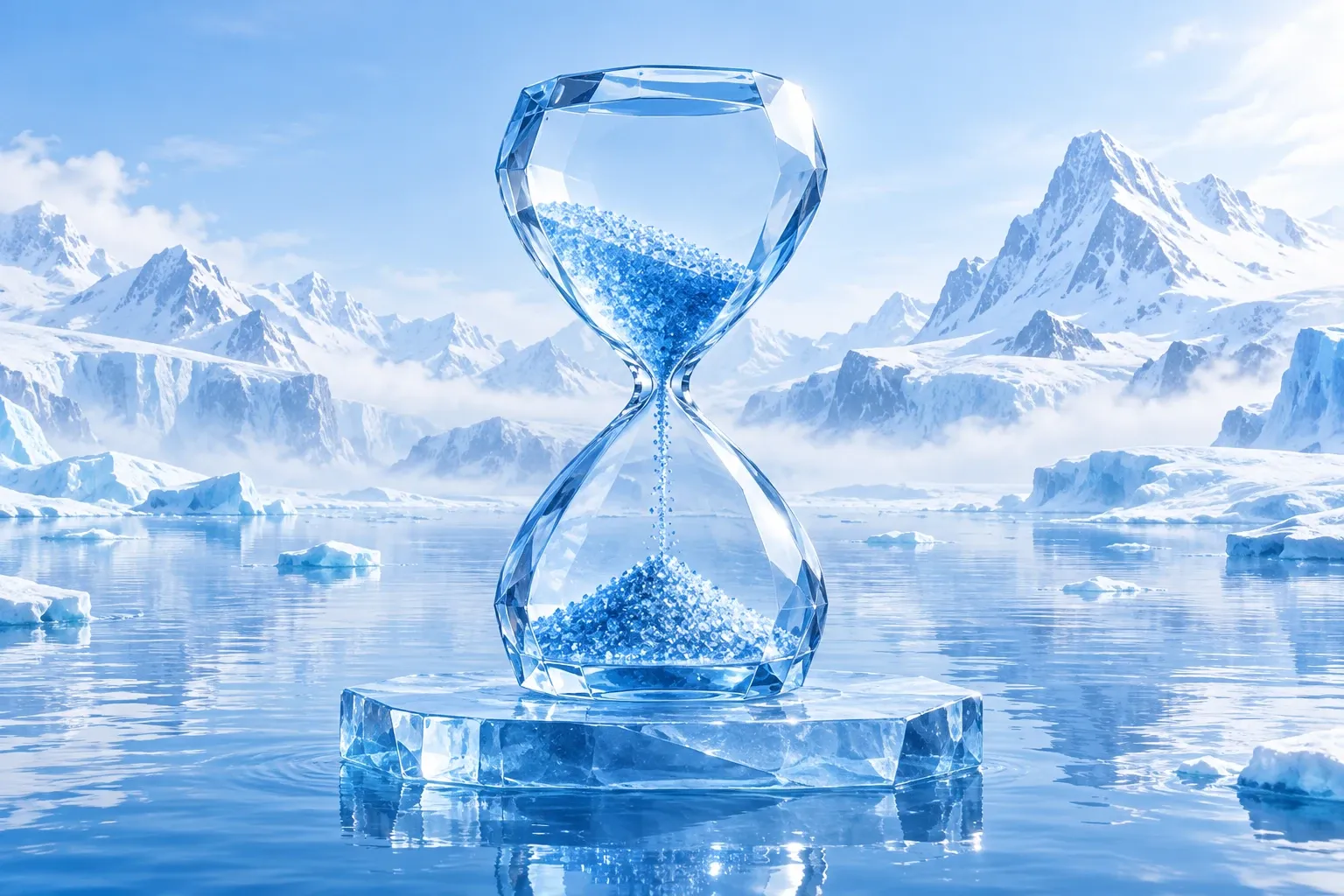 Sanduhr aus klarem Eis auf einer Eisscholle in einem ruhigen Bergsee, blauer Kristallsand rinnt nach unten