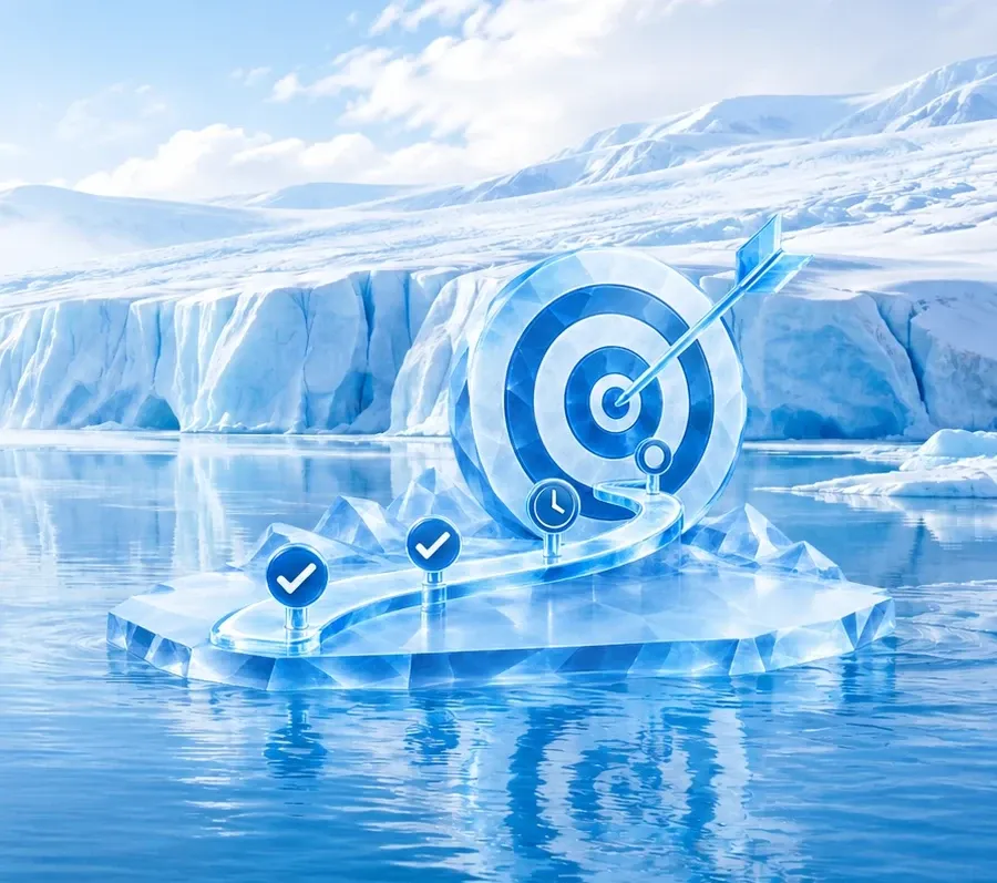 Zielscheibe aus Eis mit Pfeil in der Mitte, davor eine Zeitlinie aus Eis mit zwei Haken, einer Uhr und einem Ring, auf einer Eisscholle im Gletschersee
