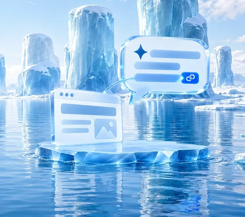 Webseite aus Eis auf einer Eisscholle in einer Bucht mit Eissäulen, ein Lichtfaden führt zu einer Sprechblase, in der eine KI die Webseite als Quelle nennt
