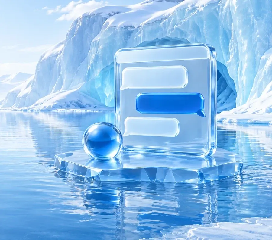 Chatfenster aus klarem Kristalleis mit Nachrichtenblasen und eine Eiskugel mit blauem Kern auf einer Eisscholle vor einer Eisgrotte