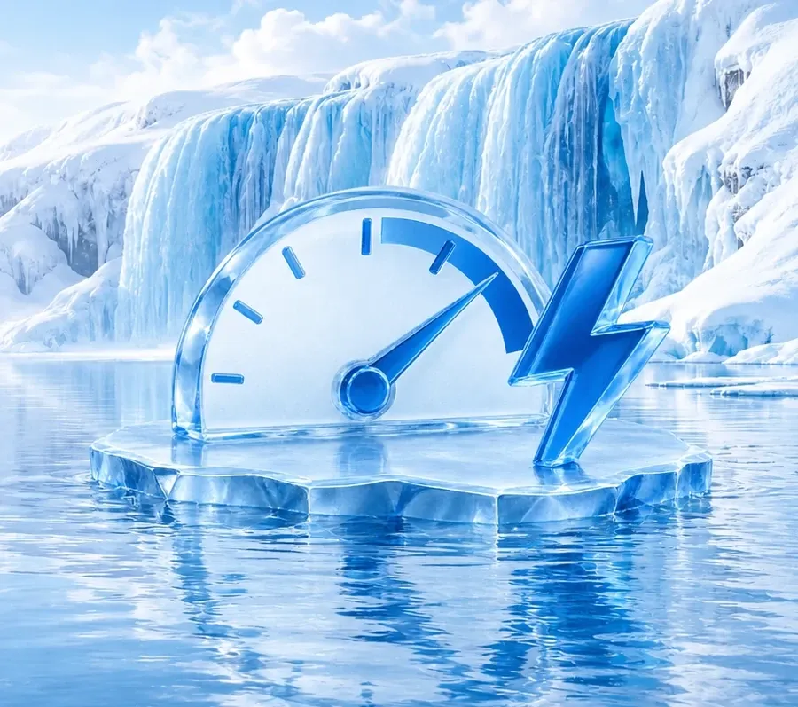 Tachometer aus Eis mit Zeiger im hohen Bereich und ein Blitz aus Eis auf einer Eisscholle vor einem gefrorenen Wasserfall