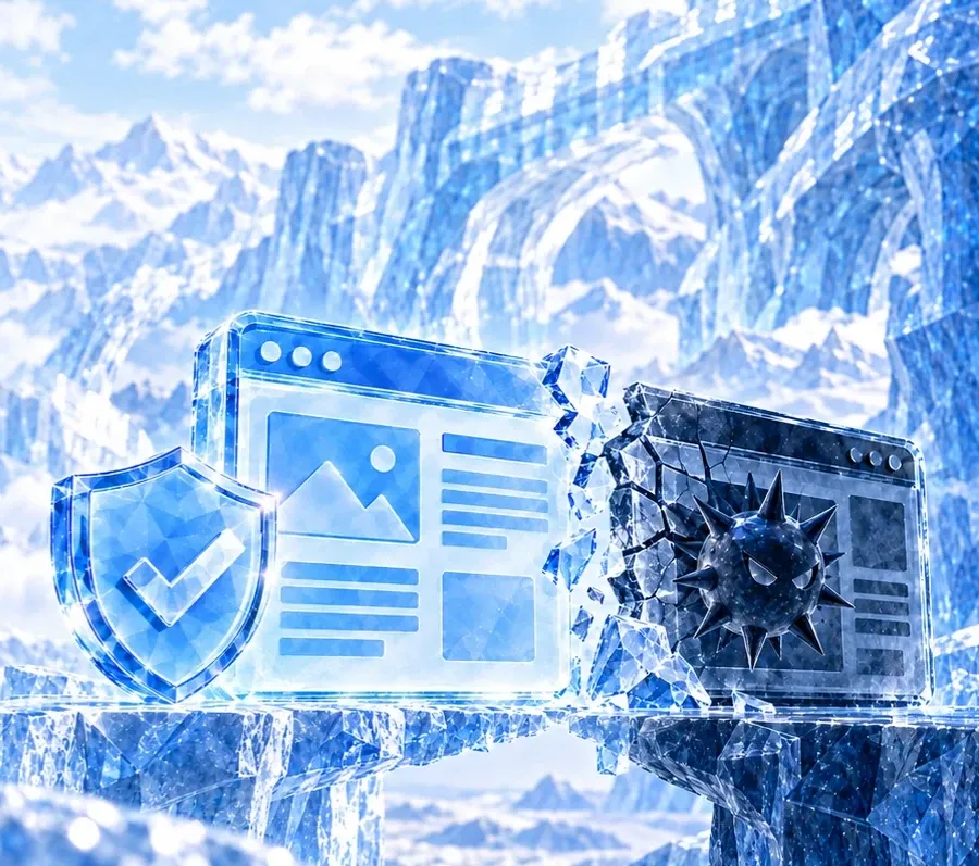 Schutzschild aus Kristalleis vor einem intakten Browserfenster aus Eis, daneben ein zerbrochenes, dunkles Browserfenster mit einem Virus, auf Eisklippen