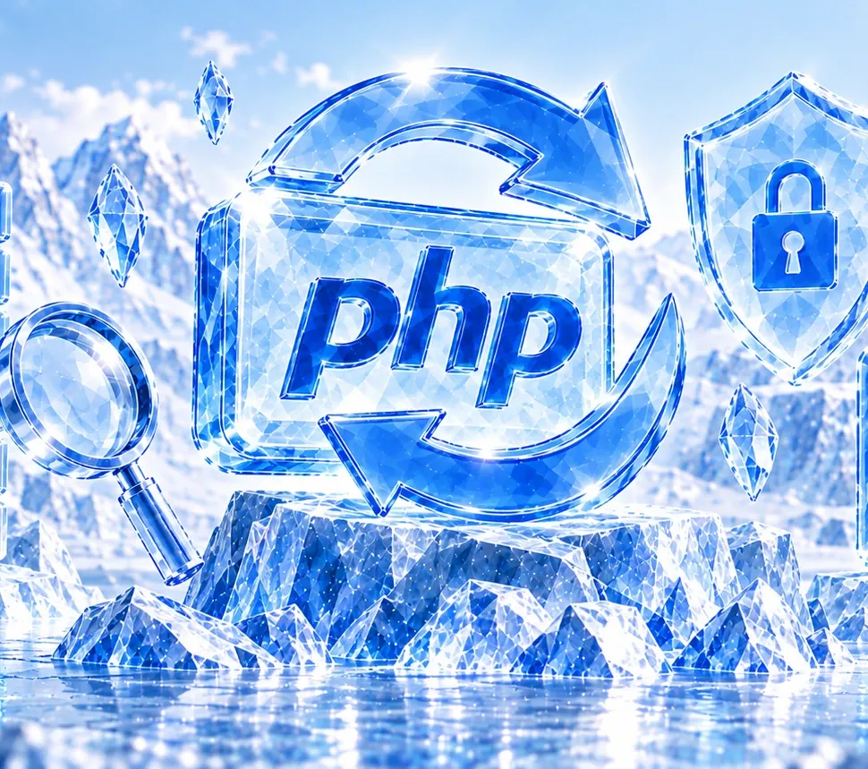 PHP-Zeichen aus Kristalleis mit zwei Pfeilen für das Update auf einem Eissockel, daneben ein Serverschrank aus Eis mit Schildern für geprüfte Versionen und eine Lupe, rechts ein Schild mit Schloss