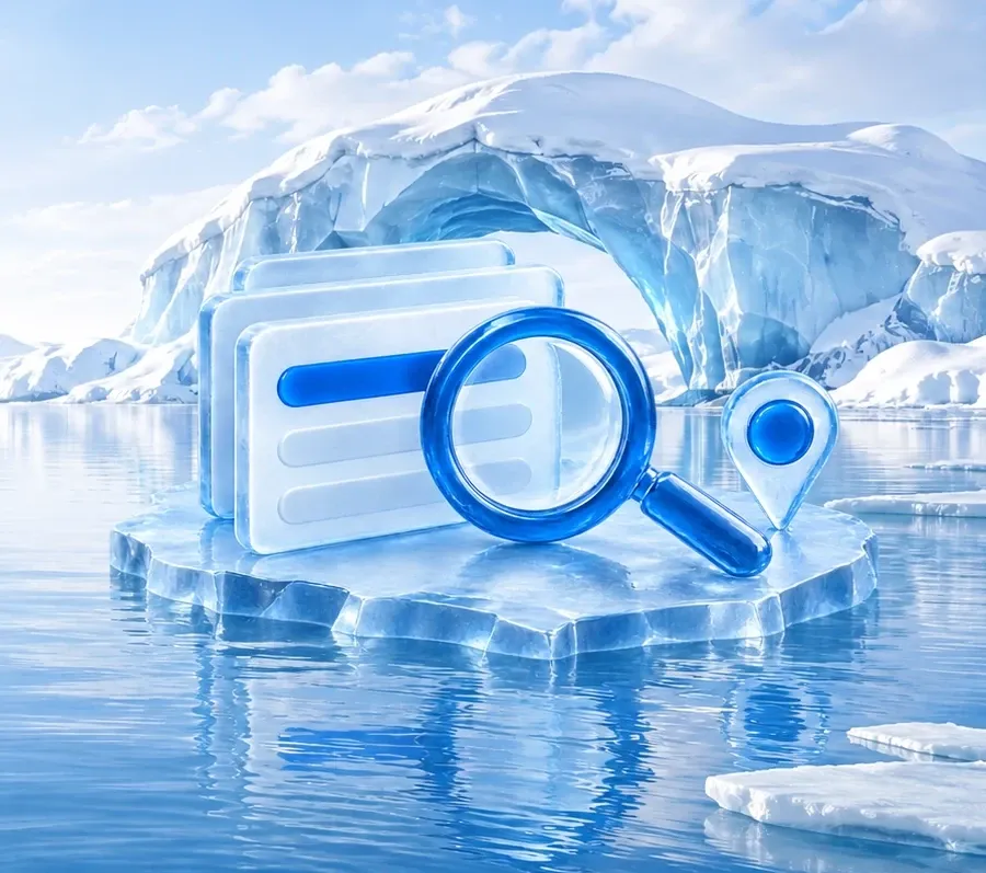 Lupe aus Eis vor drei Ergebniskarten und einer Kartennadel auf einer Eisscholle vor einem Eisbogen