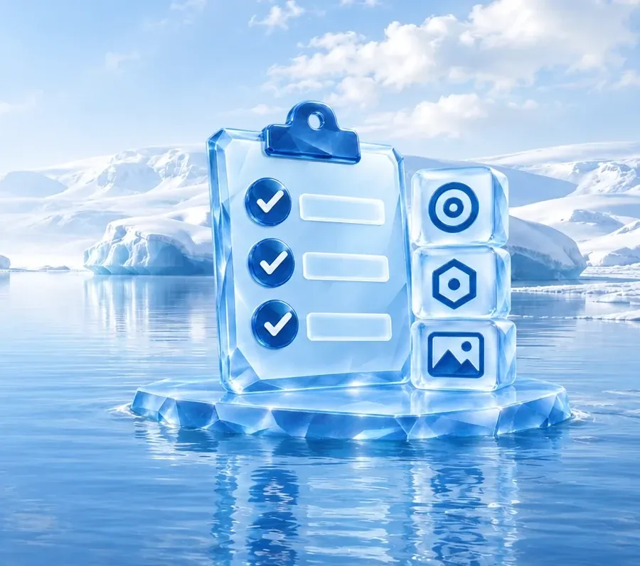 Klemmbrett aus Eis mit drei abgehakten Punkten, daneben drei Würfel aus Eis mit Ziel, Zeichen für das Logo und Foto, auf einer Eisscholle in einer Lagune