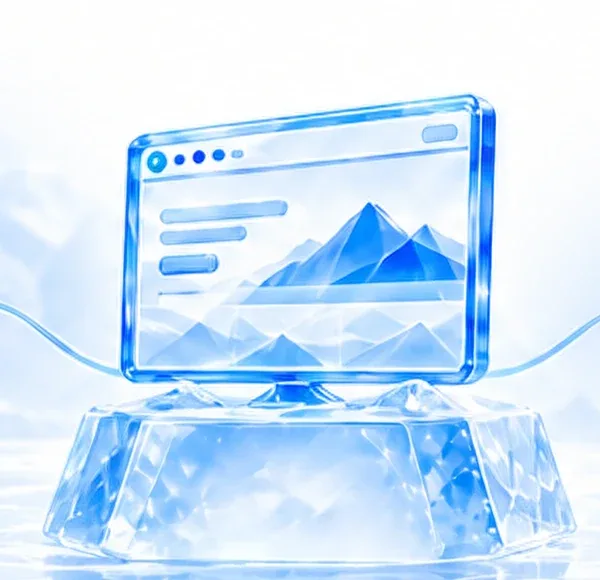 Monitor aus Eis mit einer Startseite auf einem Eispodest als Symbol für den kostenlosen Startseiten-Entwurf