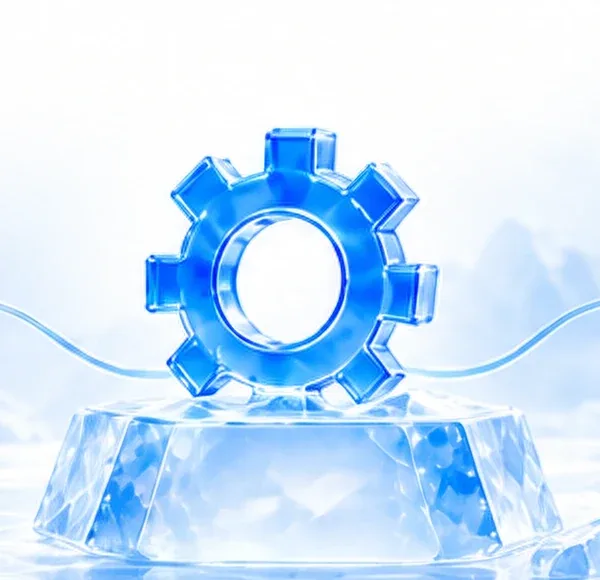 Zahnrad aus Eis auf einem Eispodest als Symbol für die Umsetzung der Webseite
