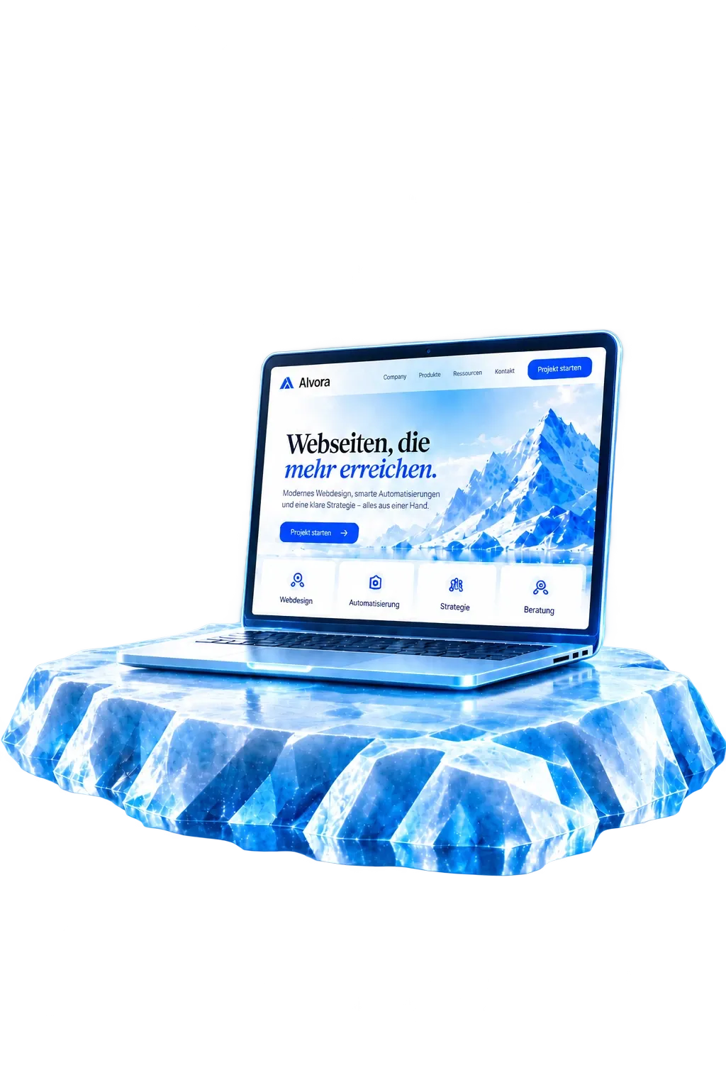 Laptop mit einer modernen Webseite auf einer Eisscholle, Sinnbild für das Webdesign von Noxoros aus Solingen