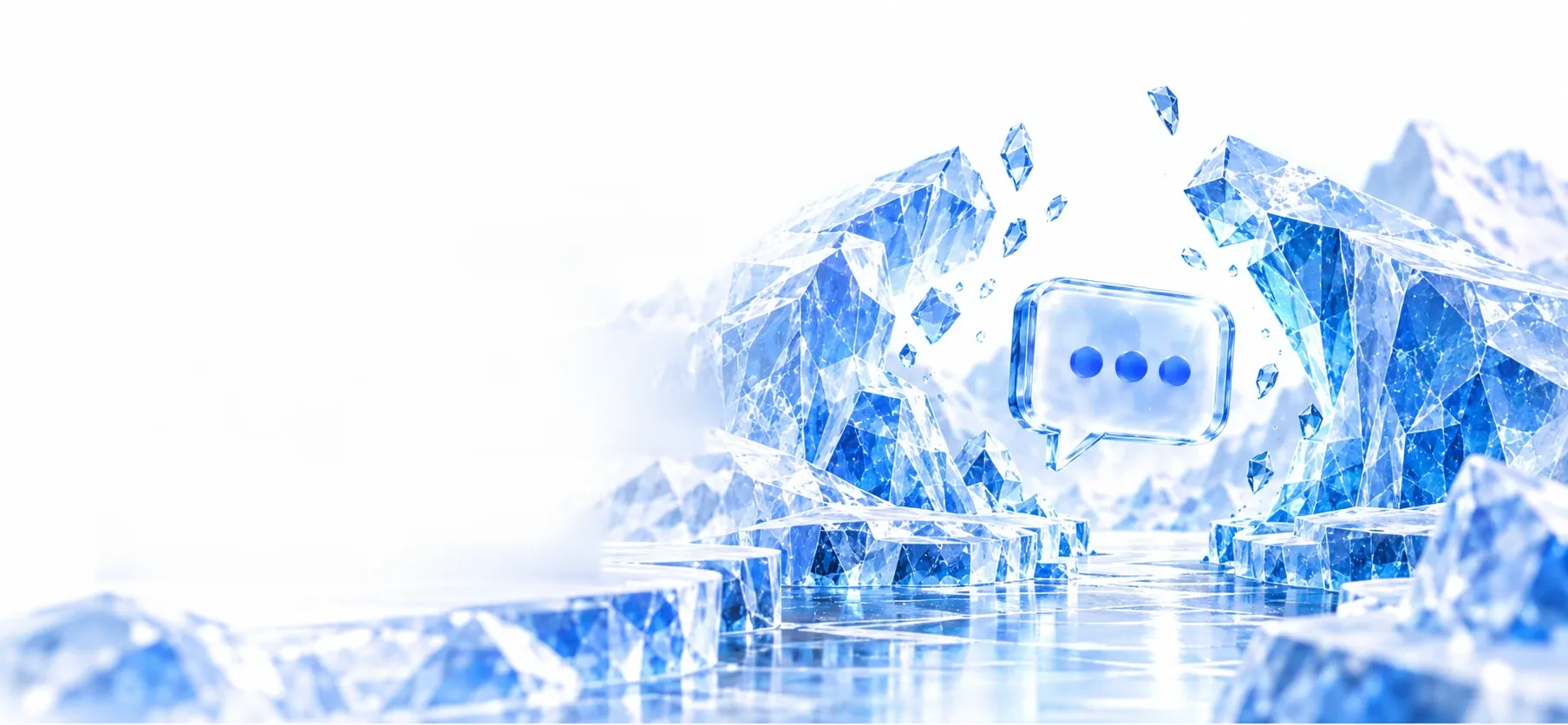 Eiswelt mit aufgebrochenen Kristallfelsen, in der Mitte eine Sprechblase aus Eis mit drei blauen Punkten, ringsum schwebende Eissplitter, davor ein glatter Eisboden