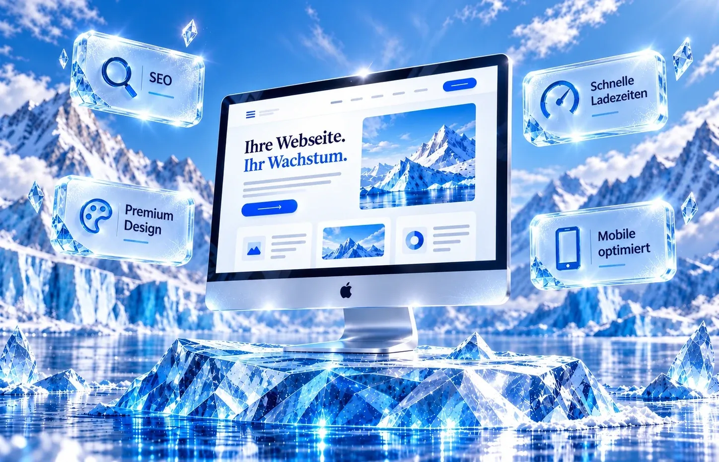 Bildschirm mit einer modernen Webseite auf einem Eisberg vor Gletscherbergen, ringsum Glastafeln mit SEO, Premium Design, schnellen Ladezeiten und mobiler Optimierung